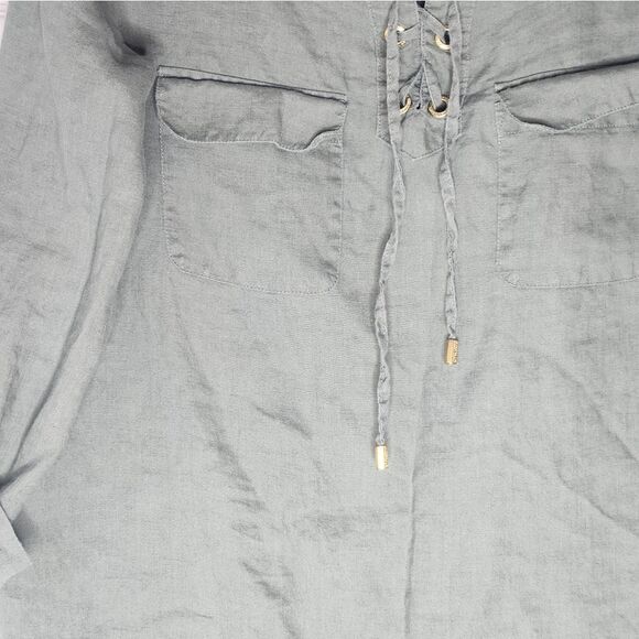 Ellen Tracy M Caper Green 100% LINEN Roll Tab Sleeve High Low Women’s Blouse - Picture 6 of 8